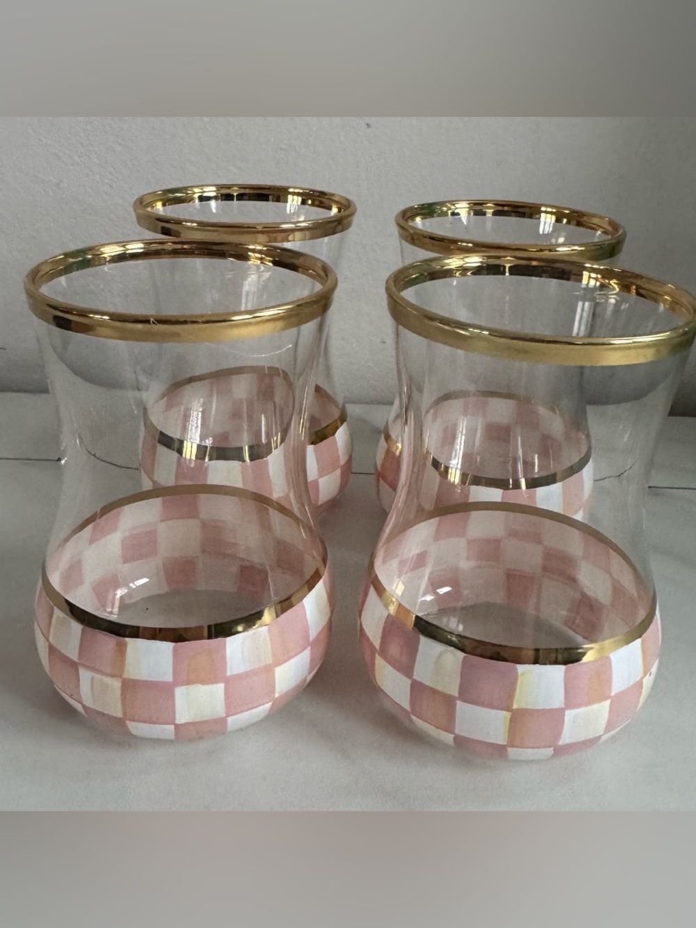 MacKenzie-Childs Pink and White Check Stemless Glasses with Gold Rim - Set of 4